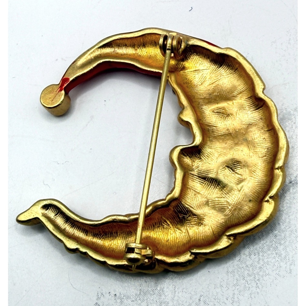 New Santa Moon Brooch Gold Tone Red Enamel Rhinestone Crescent Pin - Picture 3 of 5